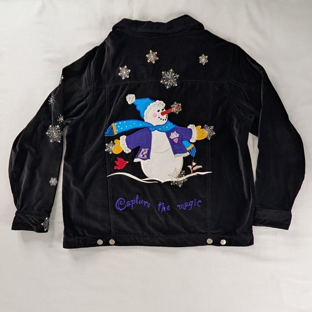VTG Black Velvet Snowman Snowflake Winter Scene Button Up Jacket Quacker Factory